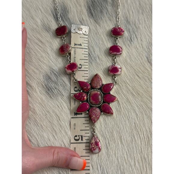 Native American SW Sterling Silver Pink Red Jasper Huge Cluster Necklace Lariat - Picture 8 of 16